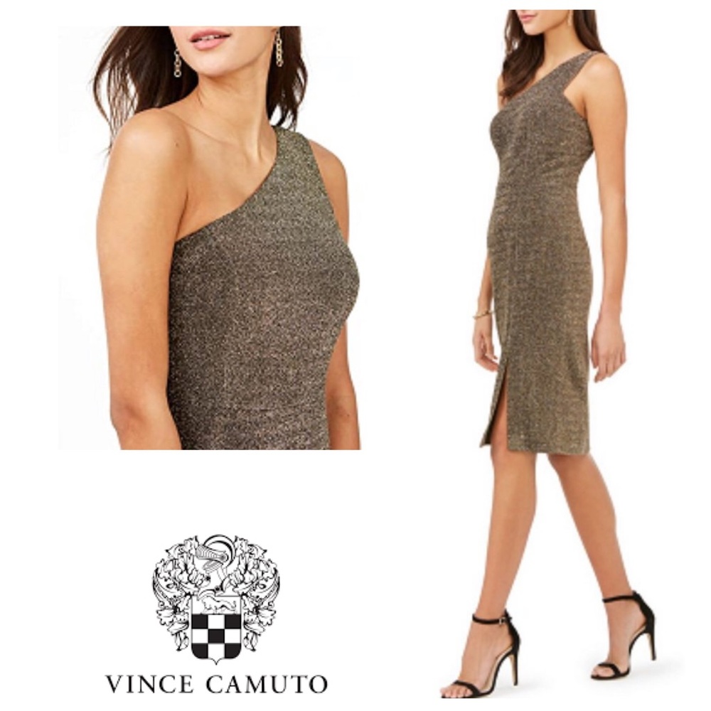 VINCE CAMUTO one shoulder dress gold sheath